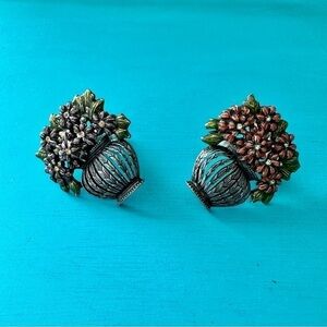 Set of two Floral Silver Enamel Drawer Pulls Red and Green